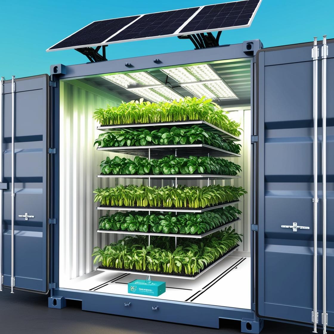 large vertical farm system in a 20 ft. 160 sq. ft. shipping container, powered by solar 3